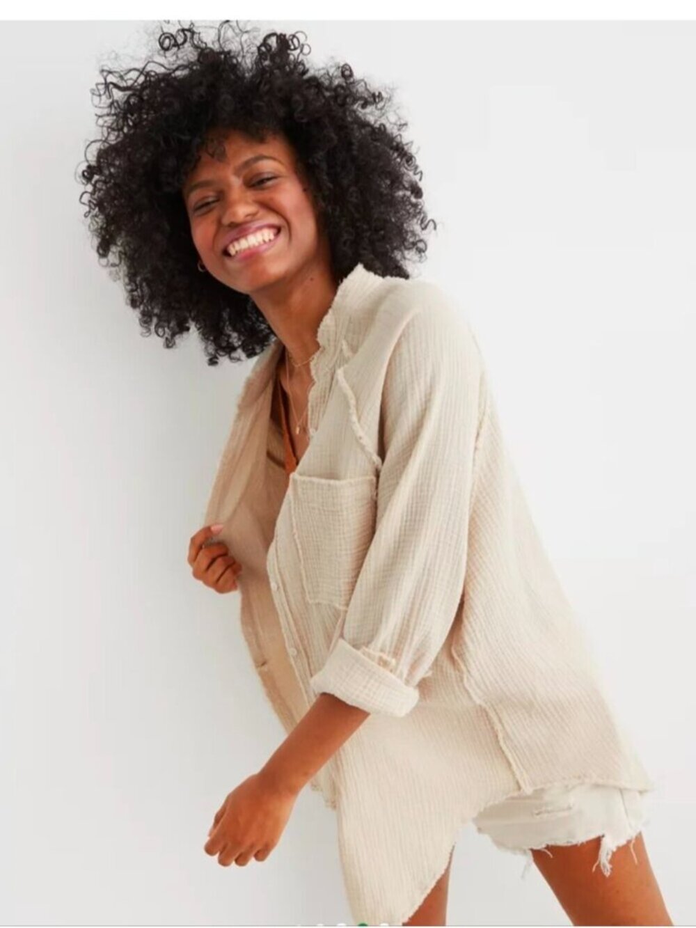 Aerie gauzey Cover Up Shirt In beige Oversized Button Down